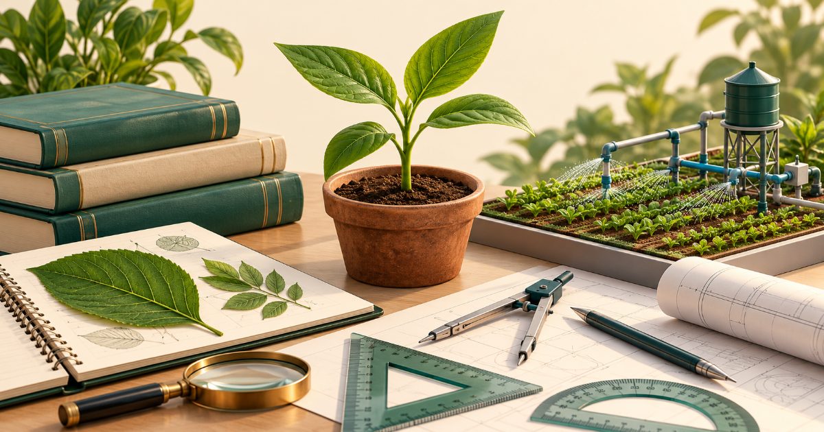 An agriculture and engineering preparation table with plant seedling, leaf specimen, irrigation model and geometry tools. Illustration for AP EAMCET practice.