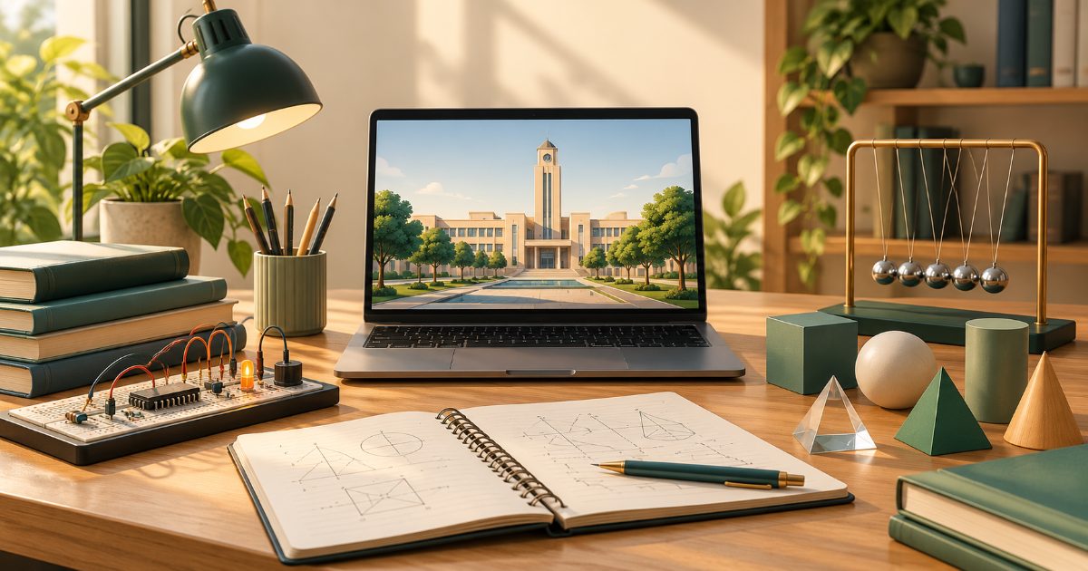 A technology campus study desk with laptop, circuit model, geometry blocks and physics pendulum; focus on broad engineering entrance preparation. Illustration for BITSAT practice.