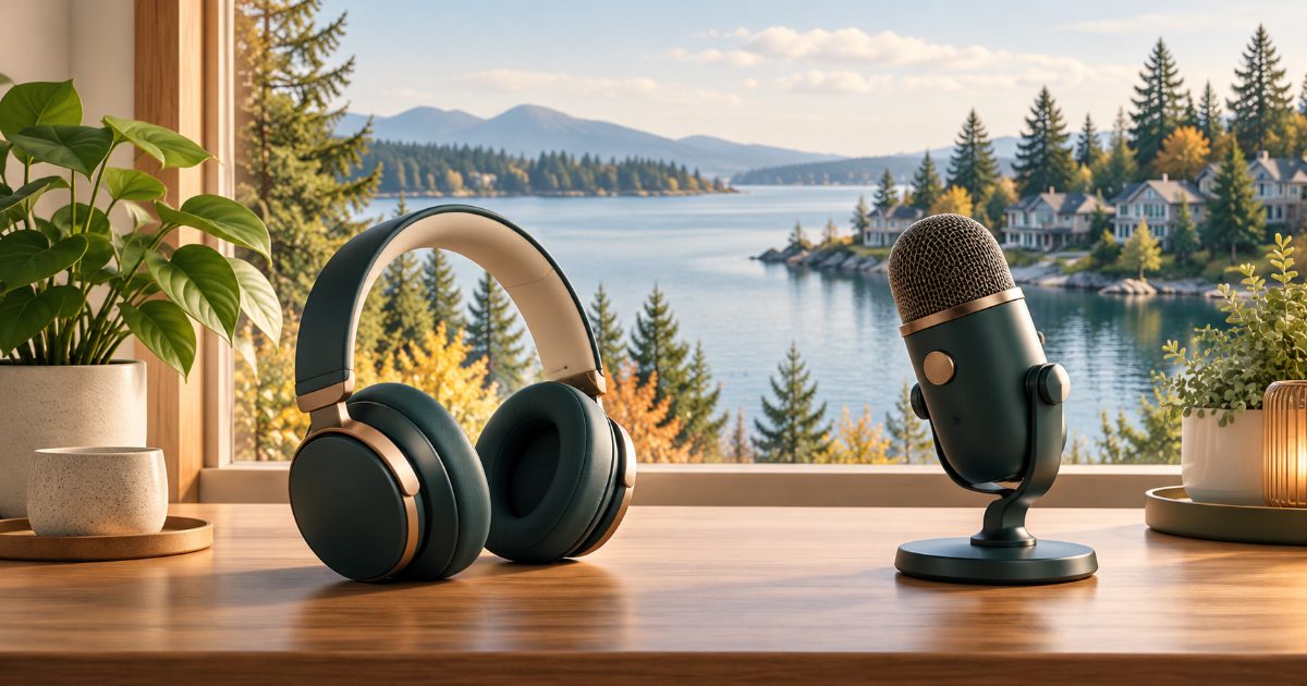 A headset and desktop microphone facing each other on a quiet desk overlooking a Canadian lakeside neighbourhood; focus on listening and speaking, no writing materials. Illustration for CELPIP General LS practice.