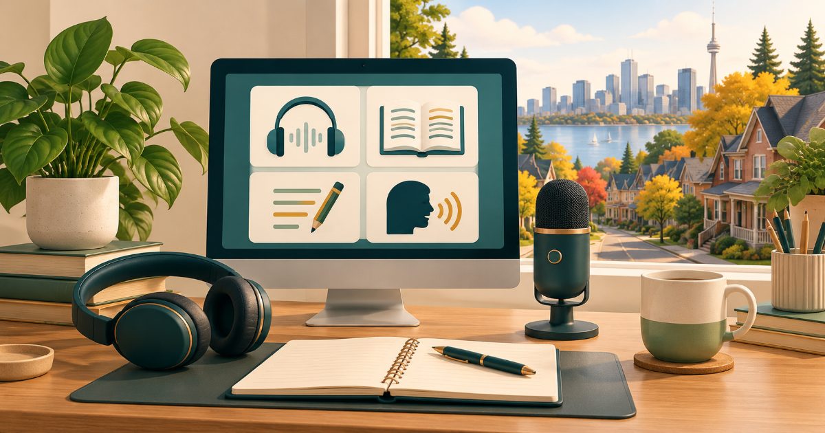 Computer, headset, microphone and open notebook beside a window overlooking a Canadian neighbourhood; four simple pictograms imply listening, reading, writing and speaking. Illustration for CELPIP General practice.