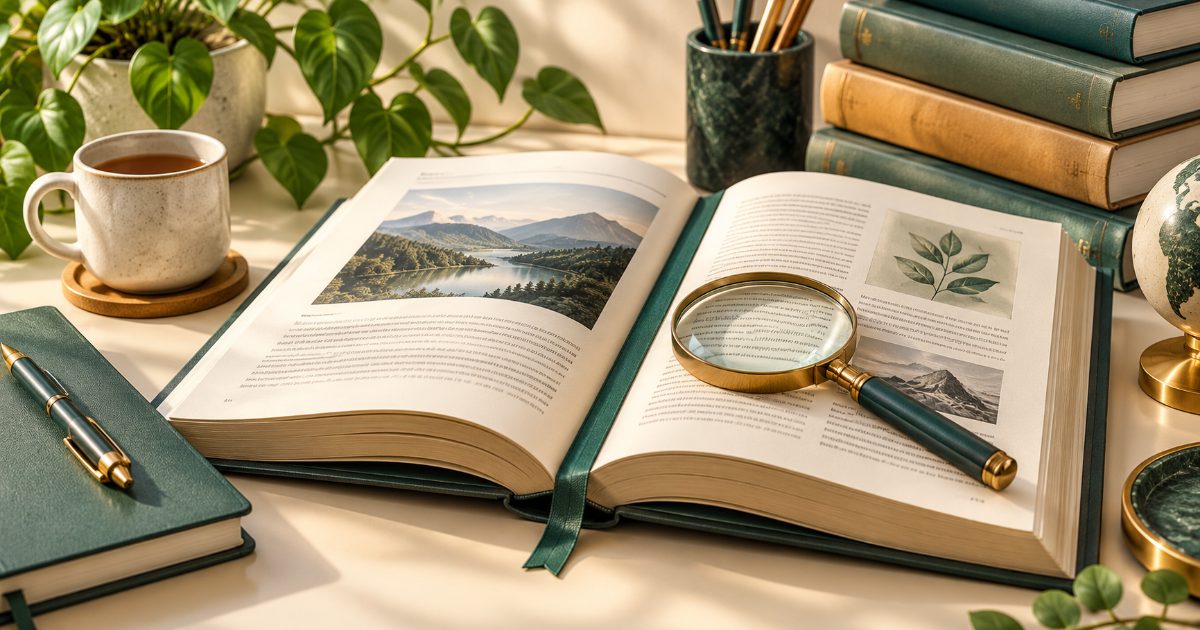 A close study desk with an open academic research book, magnifying glass and bookmark; focus on reading comprehension. Illustration for IELTS Academic Reading practice.
