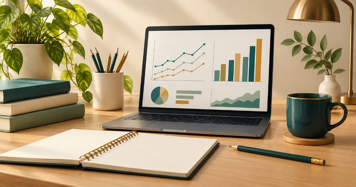 A writing study desk with pencil, blank notebook and laptop showing abstract unlabeled line and bar charts. Illustration for IELTS Academic Writing practice.