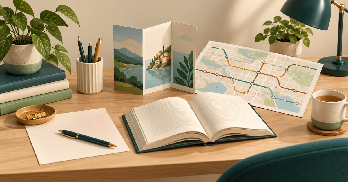 An everyday reading desk with blank letter, neutral brochure, simple transit map without text and open book. Illustration for IELTS General Training Reading practice.
