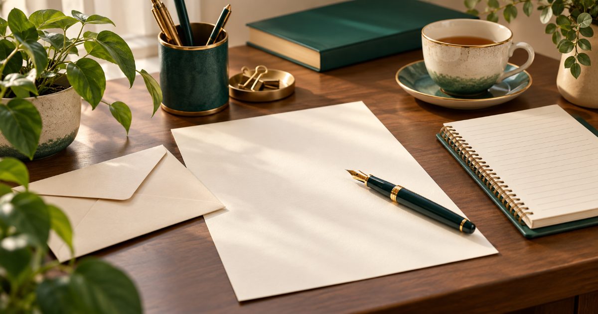 A letter-writing desk with a blank letter, fountain pen, envelope and lined notebook by soft daylight. Illustration for IELTS General Training Writing practice.
