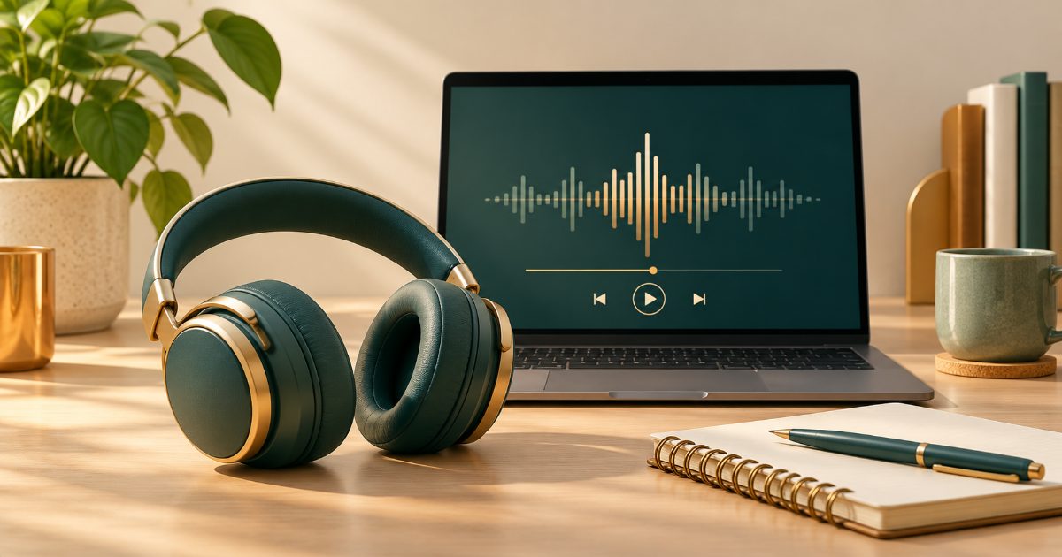 Over-ear headphones beside a soundwave display and a small notebook on a calm language study desk; focus on listening. Illustration for IELTS Listening practice.