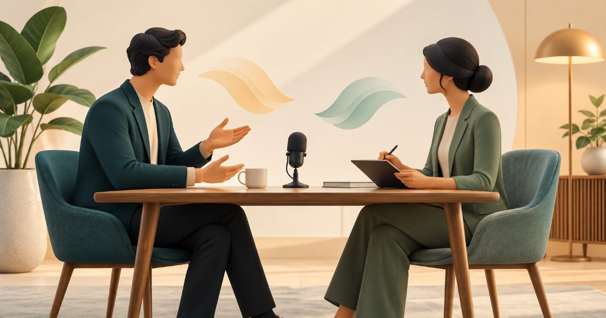 A speaking practice scene with two abstract seated adult silhouettes conversing across a desk, simple microphone and soft speech-wave shapes; no readable speech bubbles. Illustration for IELTS Speaking practice.