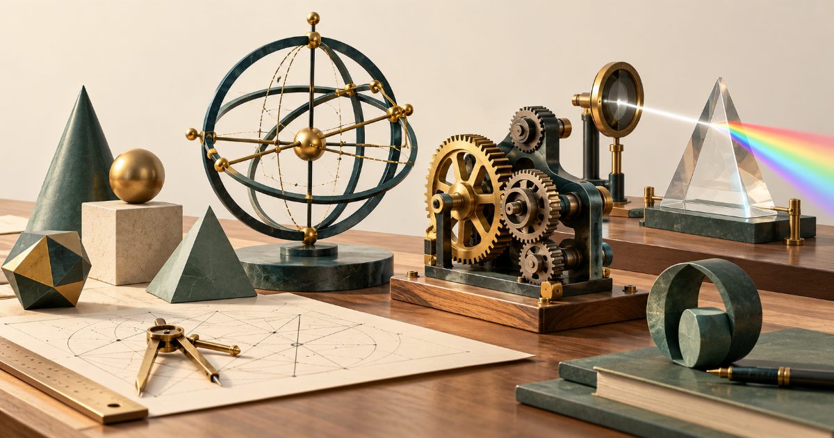 A complex engineering study bench with interlocking geometric models, a small mechanical gear assembly and an experimental optics prism. Illustration for JEE Advanced Paper 1 practice.