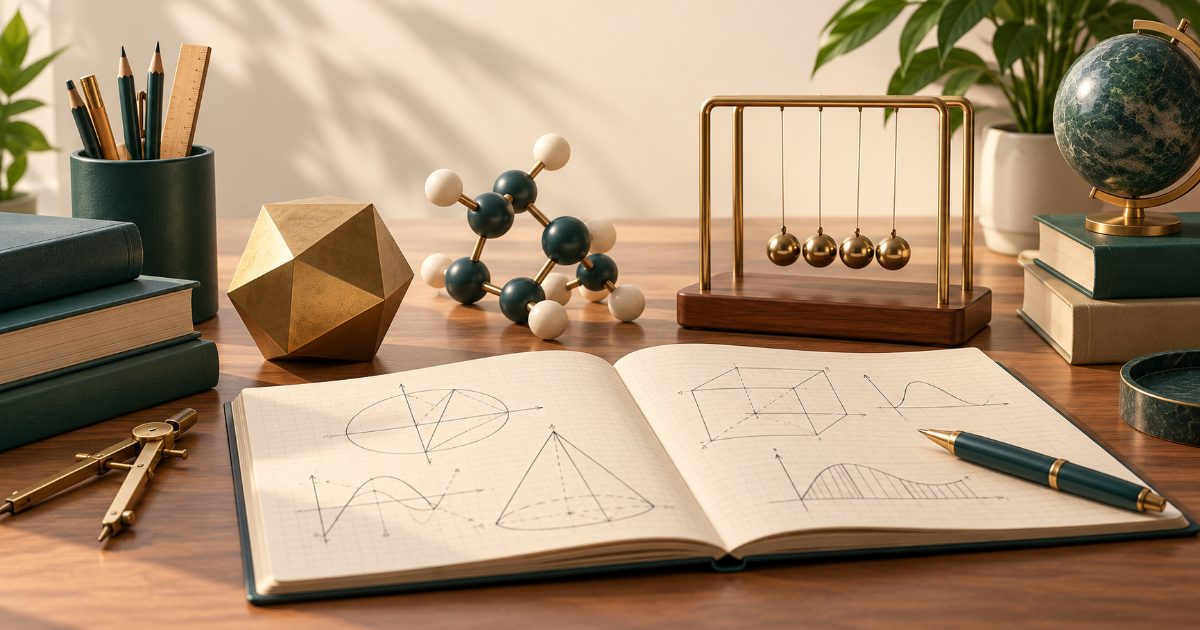 An engineering preparation desk with a geometric solid, molecular model, pendulum and open mathematics notebook. Illustration for JEE Main practice.