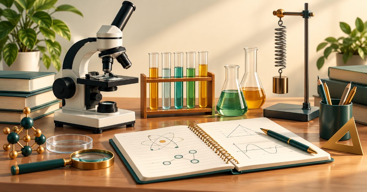 A science entrance preparation laboratory desk with microscope, test tube rack, physics spring and study notebook. Illustration for MHT CET practice.