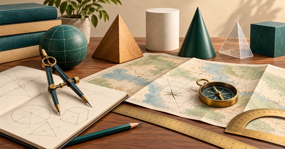 A mathematics desk with compass, ruler, geometric solids and a folded neutral compass-navigation map; no weapons or military insignia. Illustration for NDA practice.