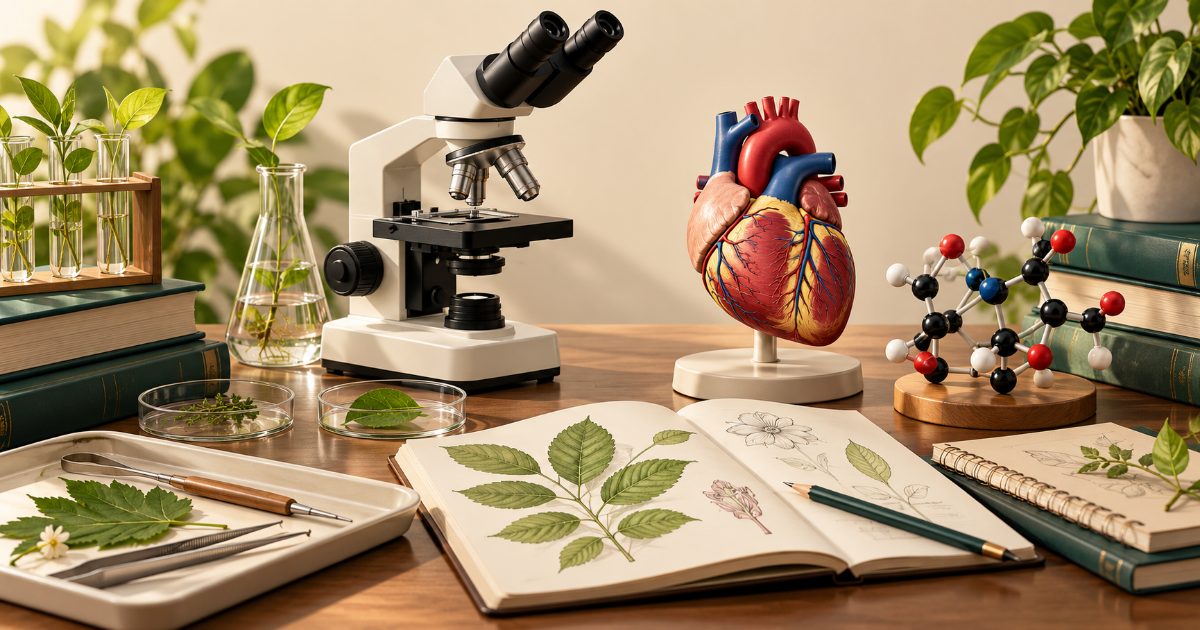 A biology and medical preparation desk with microscope, botanical leaf specimen, anatomical heart model and molecular model. Illustration for NEET practice.