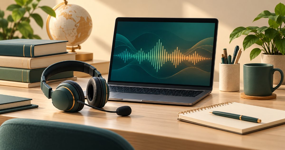 A computer-based academic English workstation with microphone headset, academic books and abstract waveform on laptop screen. Illustration for PTE Academic practice.