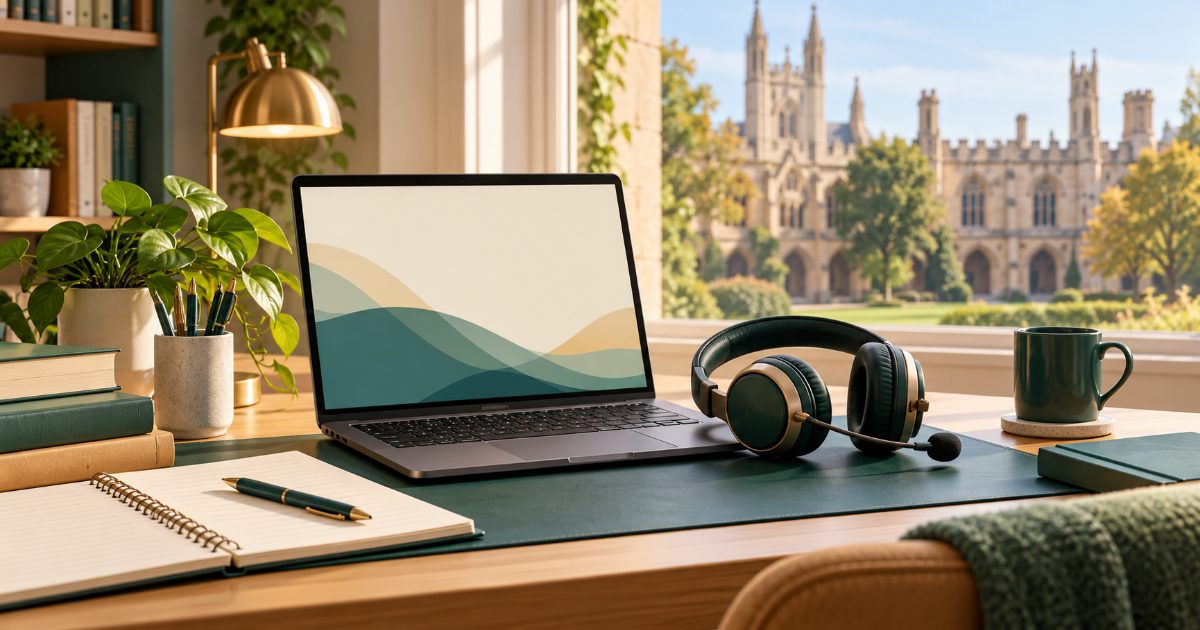 A computer-based English workstation with headset, academic notebook and a subtle British university courtyard through the window; no flags or seals. Illustration for PTE Academic UKVI practice.