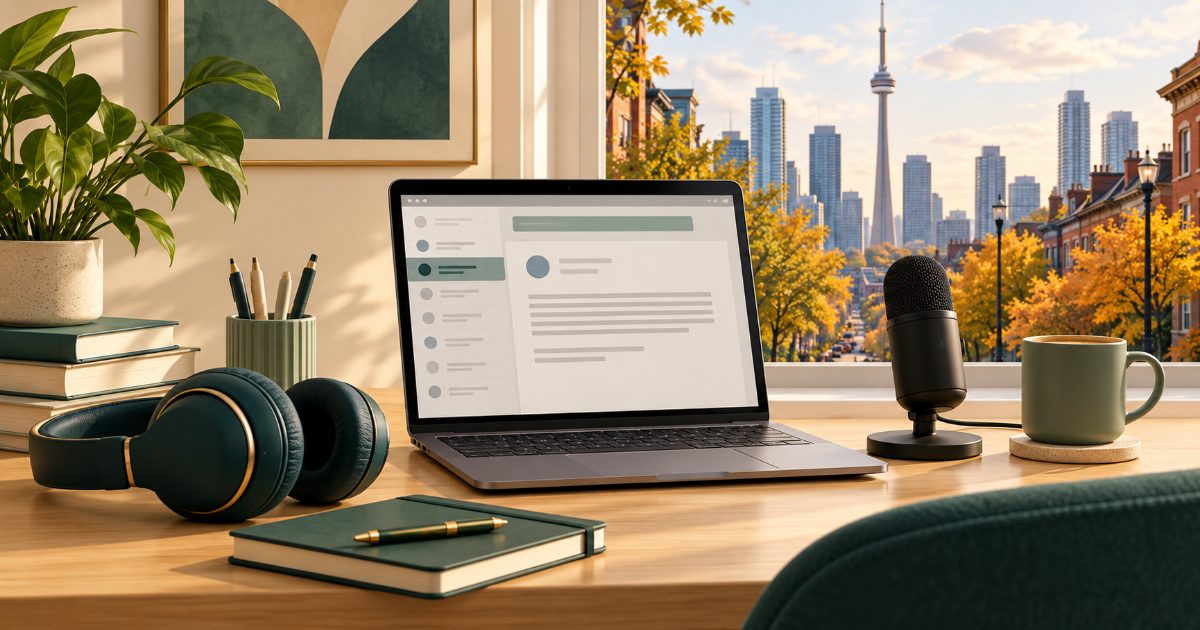 An everyday computer-based English study desk with headset, microphone, abstract email screen and a Canadian city street outside. Illustration for PTE Core practice.