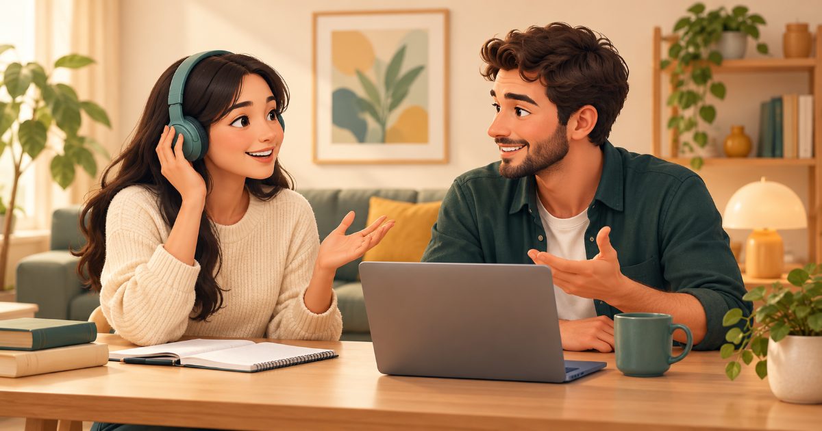A beginner English speaking and listening scene with headset, two friendly adult silhouettes and everyday home objects; simple introduction and conversation. Illustration for PTE Home A1 practice.