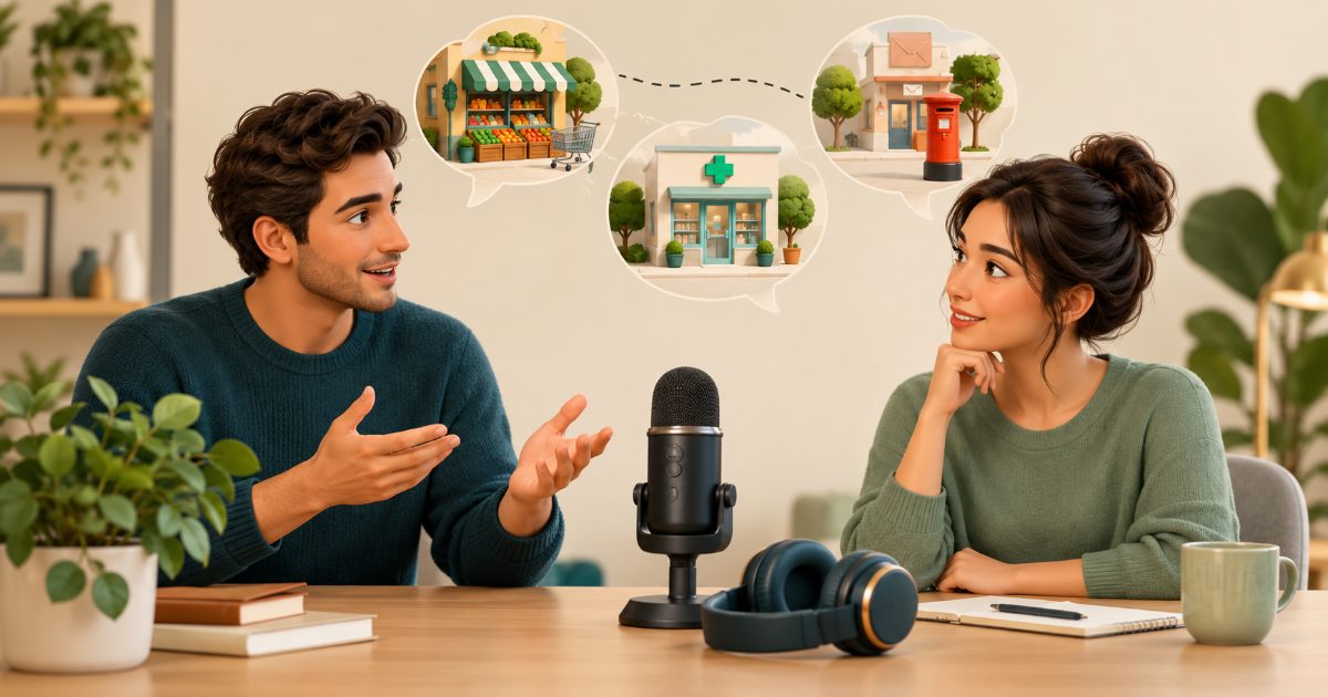 An elementary English listening and speaking scene with desktop microphone, headphones and two adult silhouettes discussing a simple neighbourhood errand. Illustration for PTE Home A2 practice.