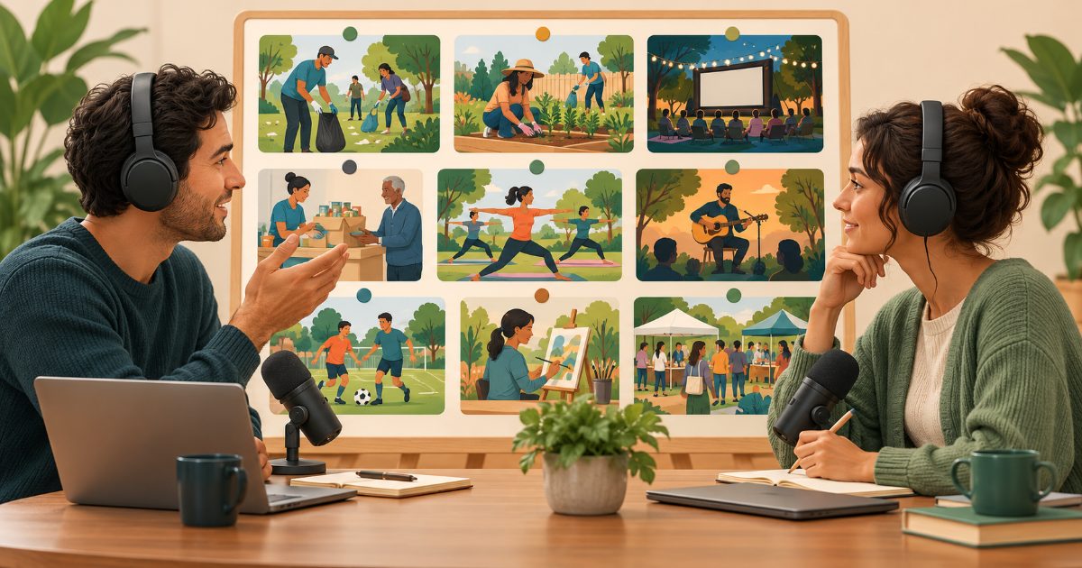 An intermediate English listening and speaking practice scene with microphone, headphones and two adult silhouettes discussing a detailed illustrated community activity board without text. Illustration for PTE Home B1 practice.