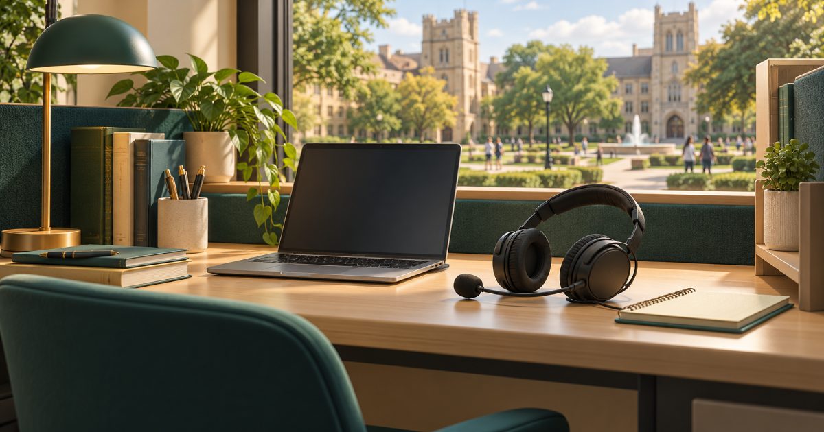 A university language laboratory workstation with headphones, microphone, academic books and a campus courtyard through the window. Illustration for TOEFL iBT practice.