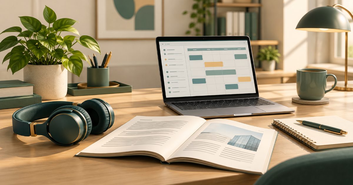 A professional office desk with headphones, an open reading document and a laptop showing an abstract workplace schedule; focus on listening and reading. Illustration for TOEIC Listening & Reading practice.