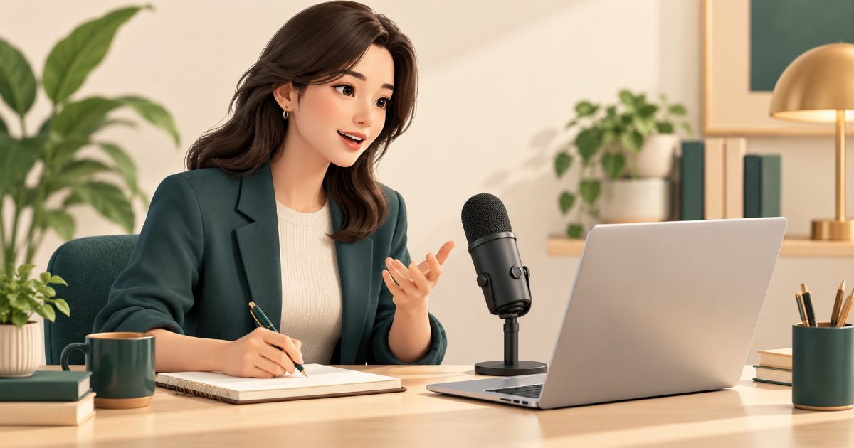 A workplace communication scene with a desktop microphone, a laptop showing a blank email composition and a pen; speaking and writing. Illustration for TOEIC Speaking practice.