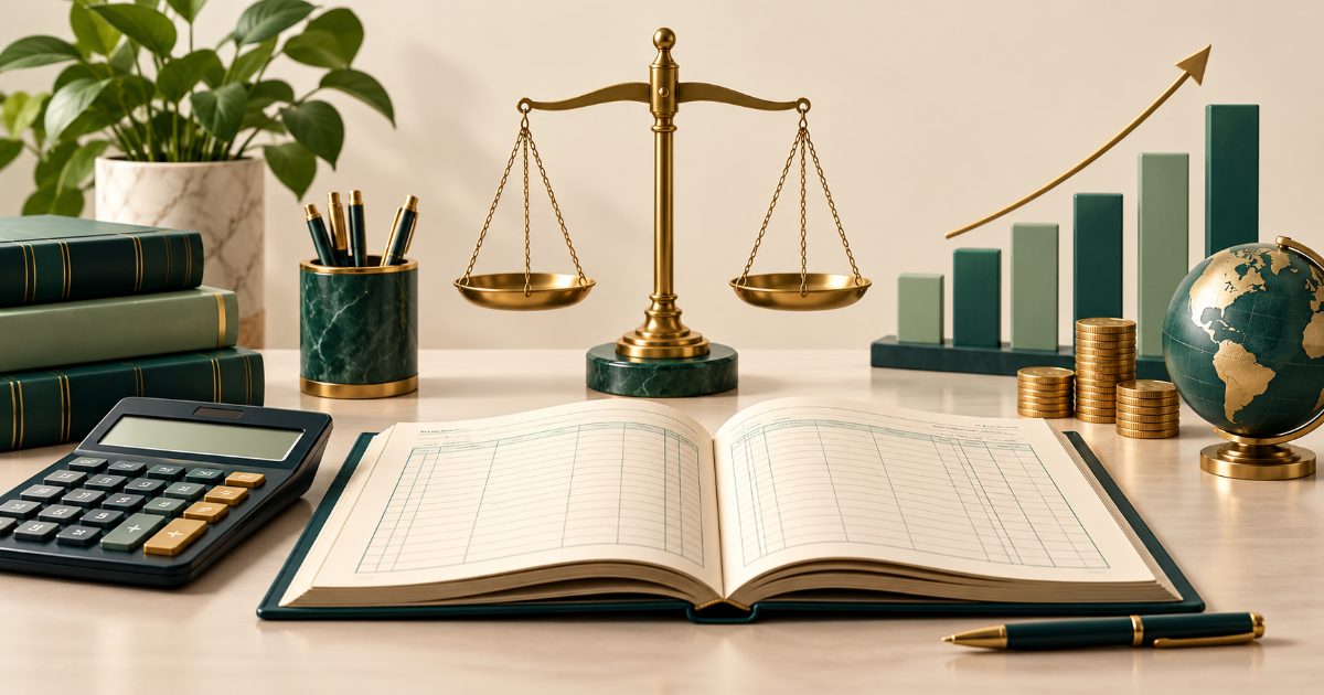 A commerce study desk with accounting ledger without legible text, calculator, balanced scale and abstract financial bar chart. Illustration for UGC NET - Commerce practice.