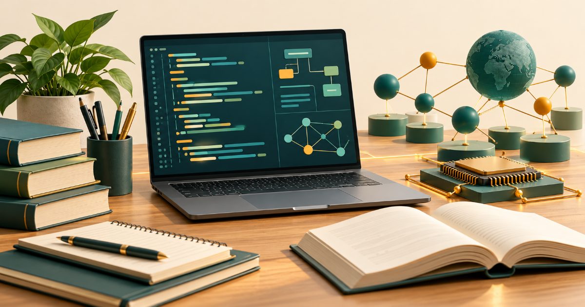 A computer science study desk with laptop displaying abstract code blocks without letters, connected network nodes and a small processor model. Illustration for UGC NET - Computer Science and Applications practice.