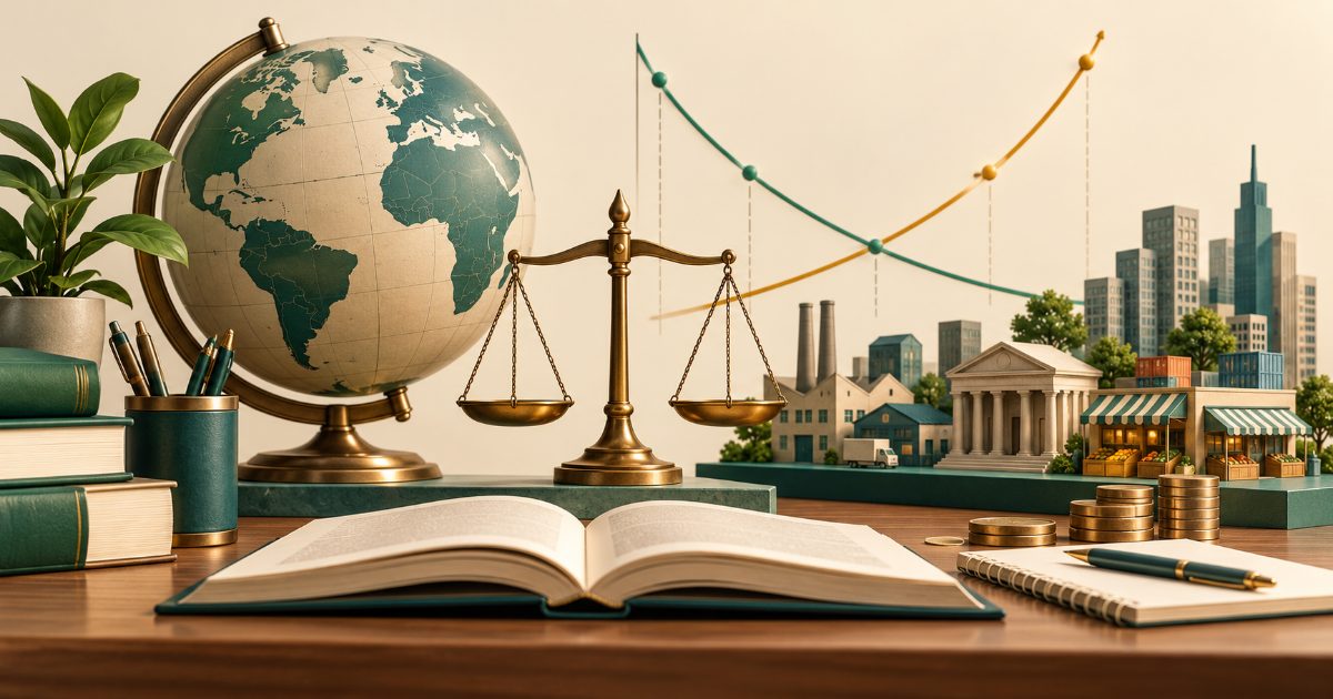 An economics study desk with neutral globe, balanced scale, abstract supply-demand curves without labels and miniature market buildings. Illustration for UGC NET - Economics practice.