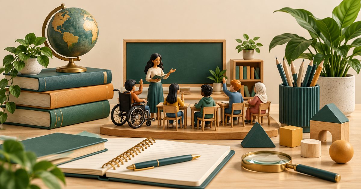 An education research desk with stacked books, small inclusive classroom model, learning blocks and notebook. Illustration for UGC NET - Education practice.