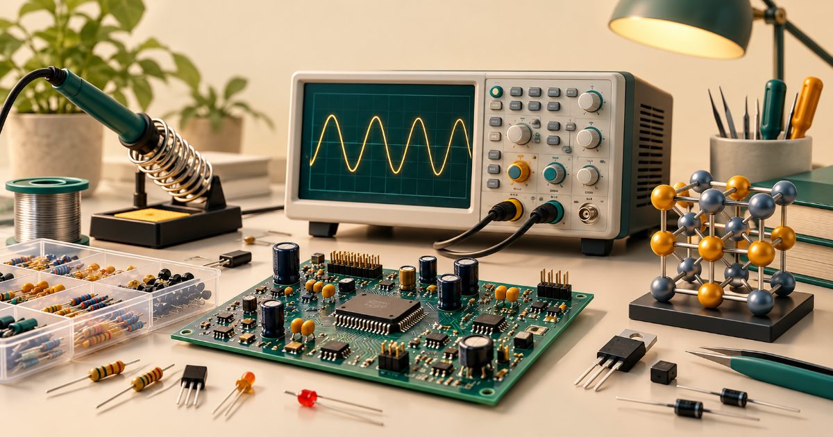 An electronic science laboratory desk with circuit board, oscilloscope showing a simple waveform, components and a small semiconductor model. Illustration for UGC NET - Electronic Science practice.