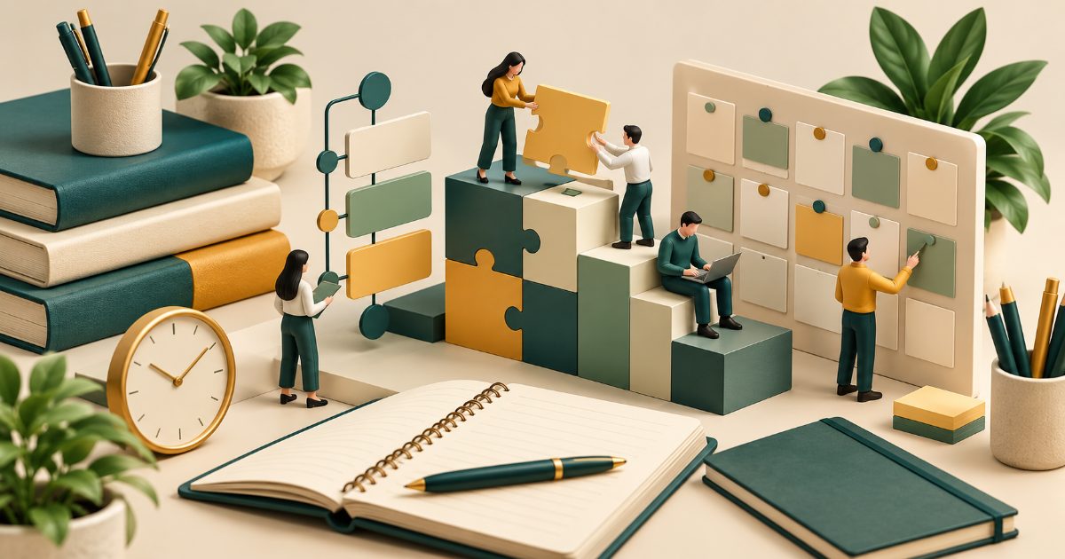 A management study desk with miniature collaborative workspace, linked planning blocks and abstract scheduling cards without text. Illustration for UGC NET - Management practice.
