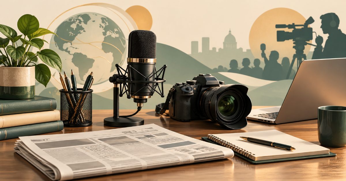 A journalism and mass communication desk with studio microphone, camera, newspaper with abstract lines only and a laptop. Illustration for UGC NET - Mass Communication and Journalism practice.