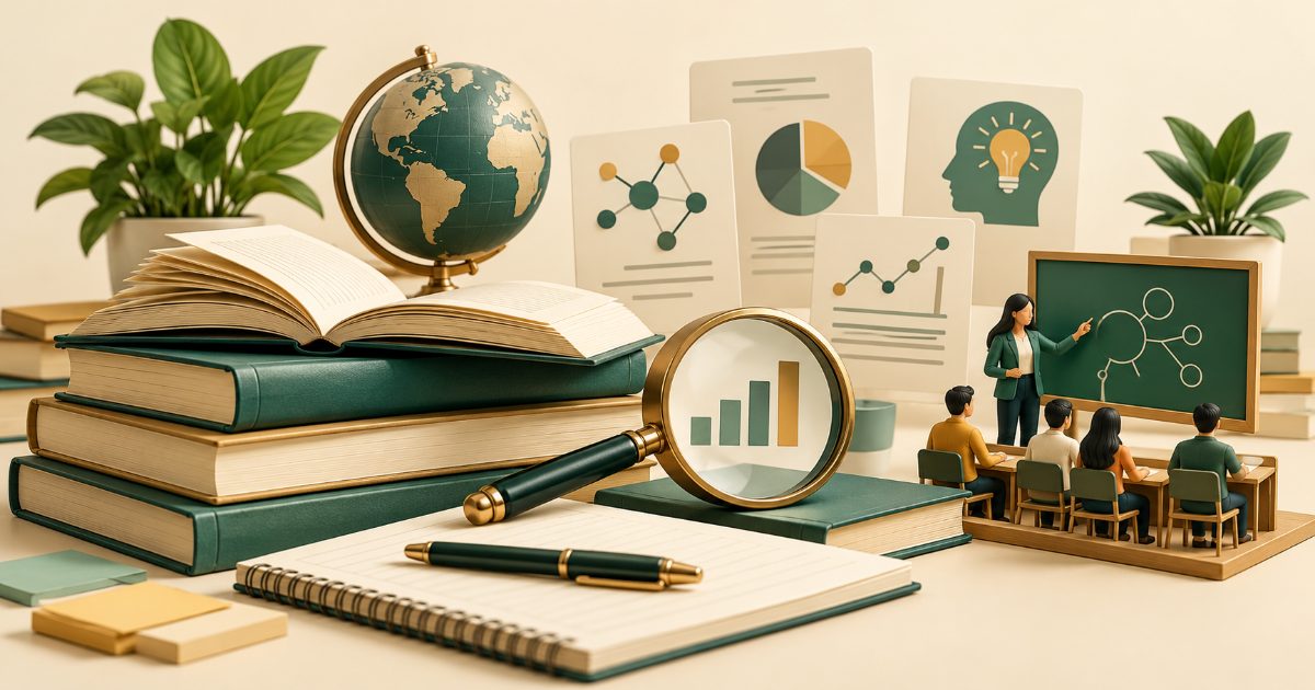 A teaching and research aptitude study scene with books, abstract data cards, magnifying glass and a small classroom model. Illustration for UGC NET practice.