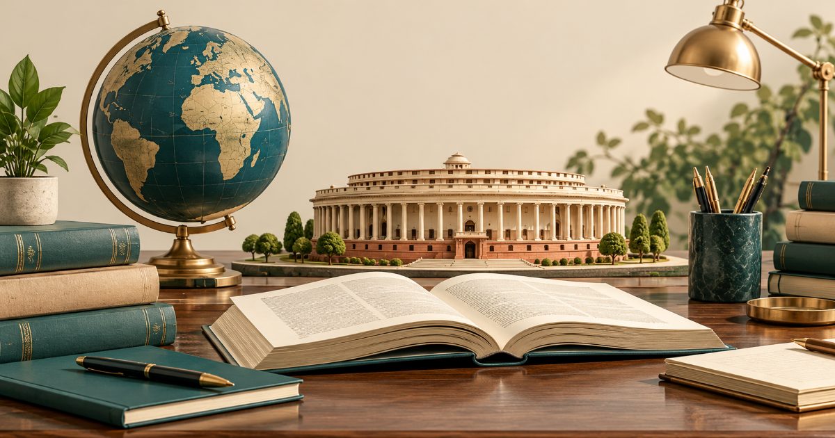 A political science research desk with globe, miniature neutral parliament-style building and open books; no parties, flags, seals or leaders. Illustration for UGC NET - Political Science practice.