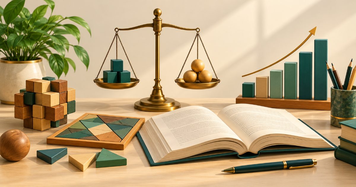 A reasoning and quantitative aptitude desk with geometric puzzle, balanced scale, abstract bar chart and open reading book. Illustration for UPSC CSAT practice.
