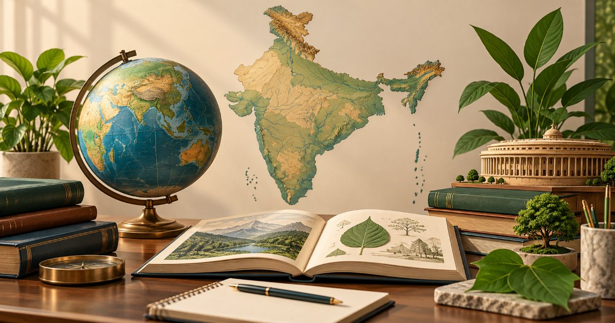 A civil services general studies desk with globe, neutral map of India, books, ecological leaf and miniature civic building; no flags or political symbols. Illustration for UPSC GS practice.