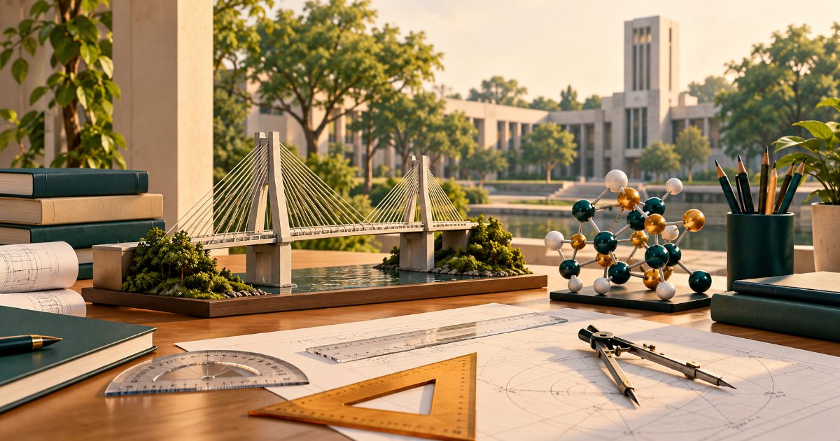 An engineering study table with bridge structure model, molecular bonds and geometry tools against a quiet campus courtyard. Illustration for WBJEE practice.